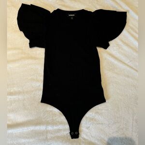 Express Ruffled Rib Black Bodysuit